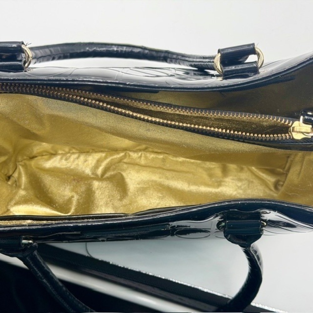 Kate Spade Black Patent Leather Embossed Spade Geometric Tote Bag Gold Lining - Picture 8 of 10